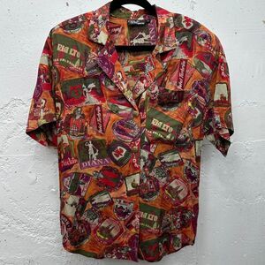 Vintage Hawaiian Button Up Shirt Orange w/ Spain Italy Cathedral Travel Patches